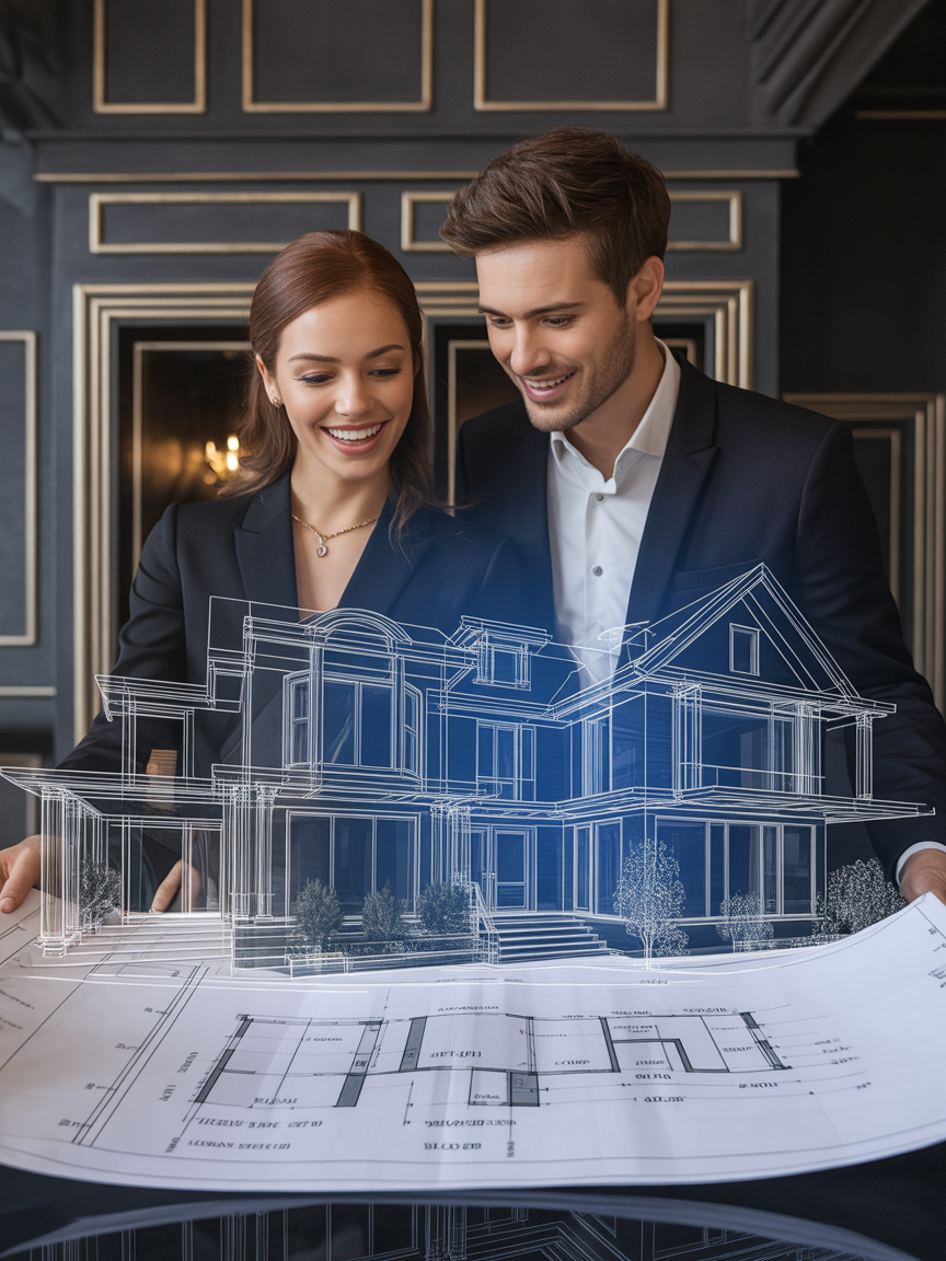 Happy Indian couple planning their dream home purchase