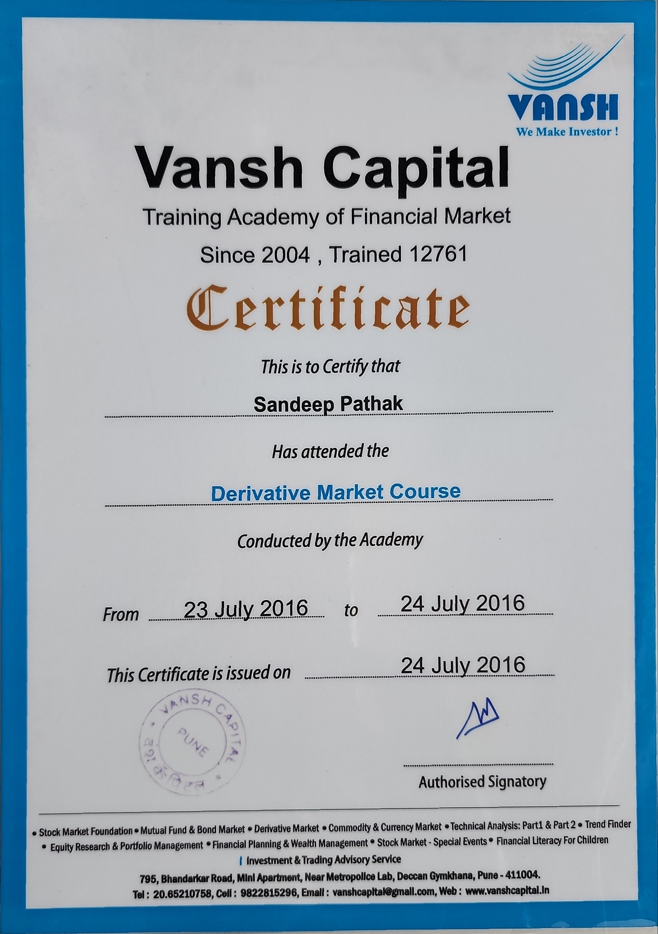 Derivative Market Course Certificate - Vansh Capital 2016
