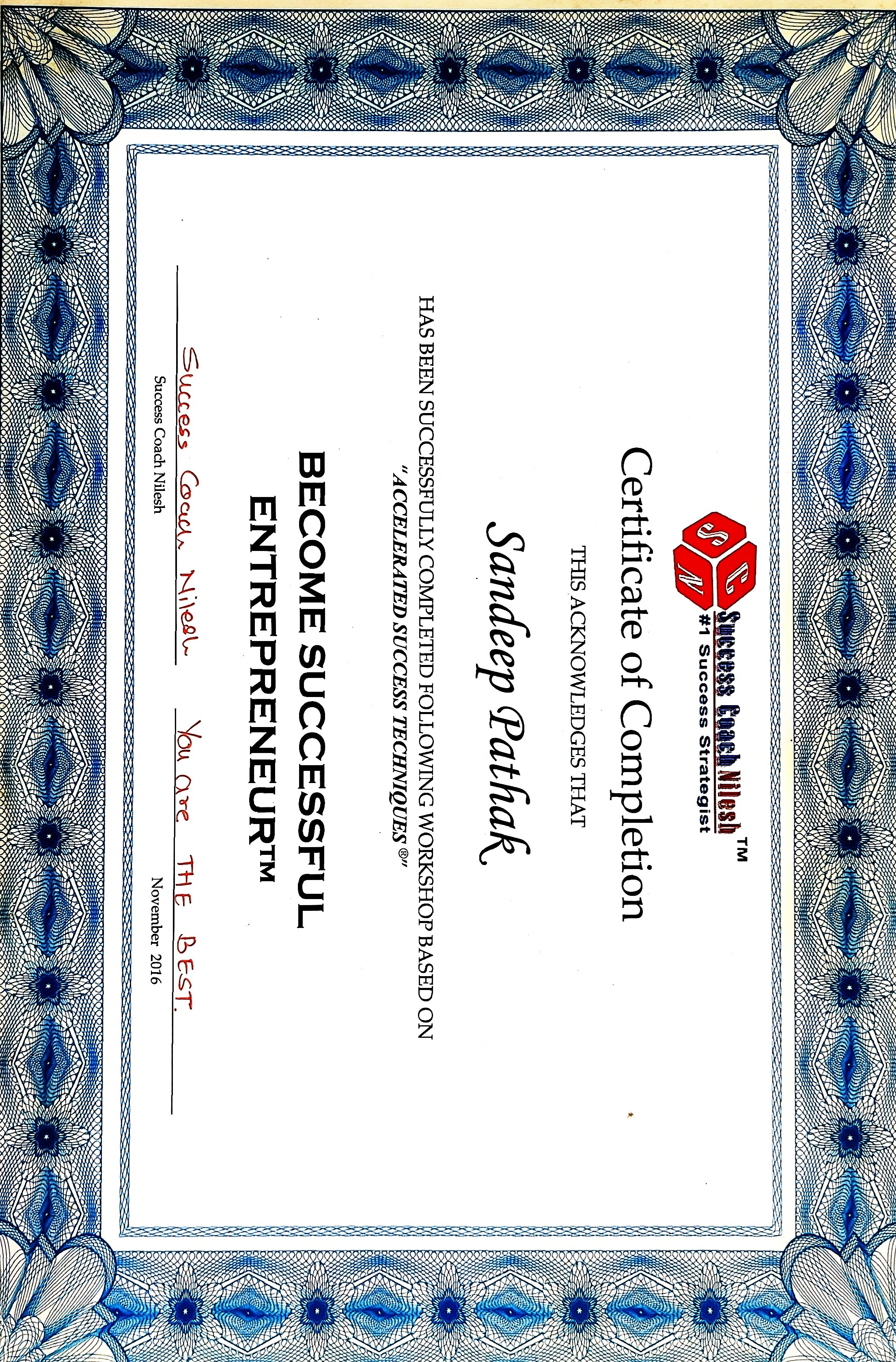 Successful Entrepreneur Certificate - November 2016