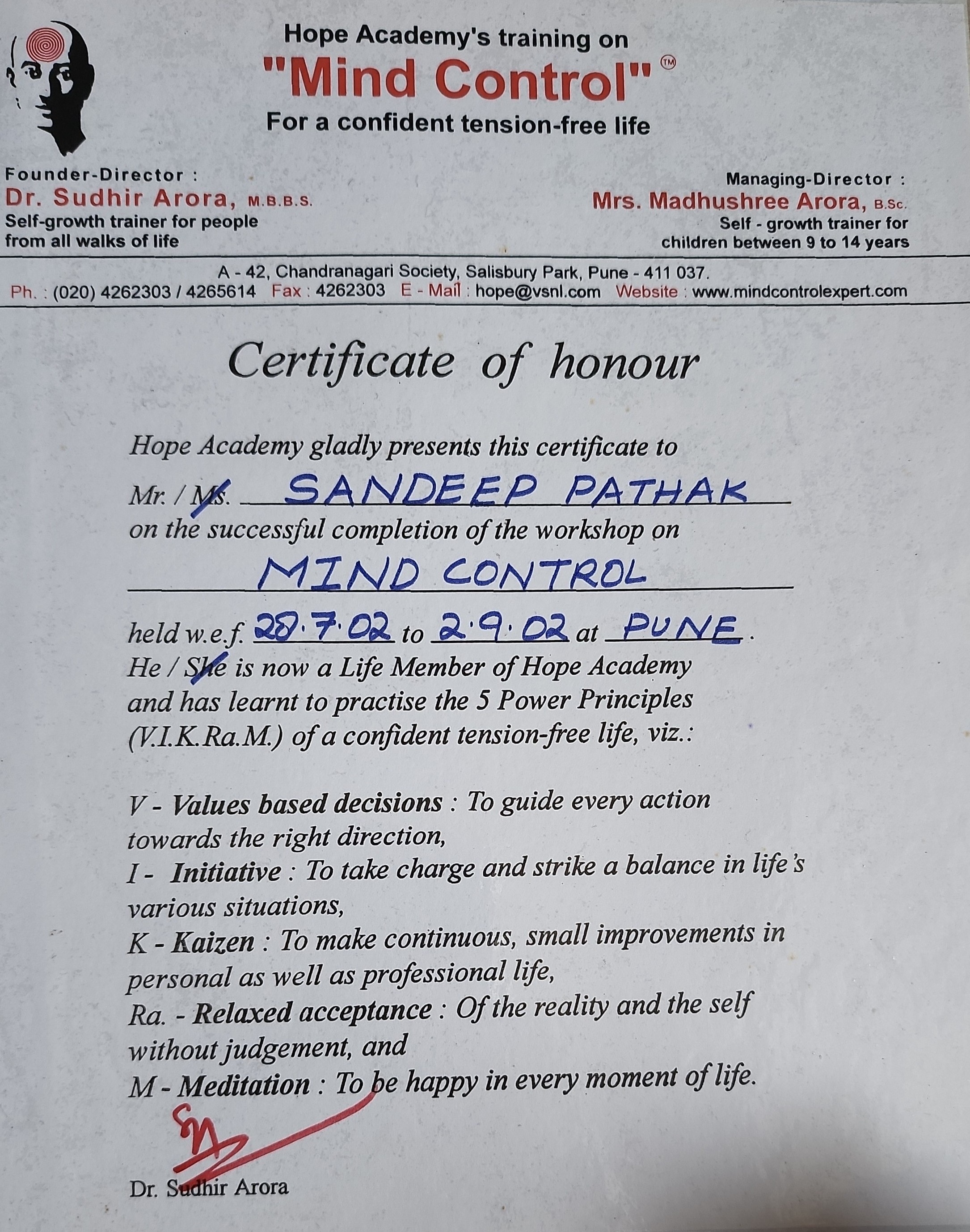 Mind Control Training - Hope Academy by Dr. Sudhir Arora 2002