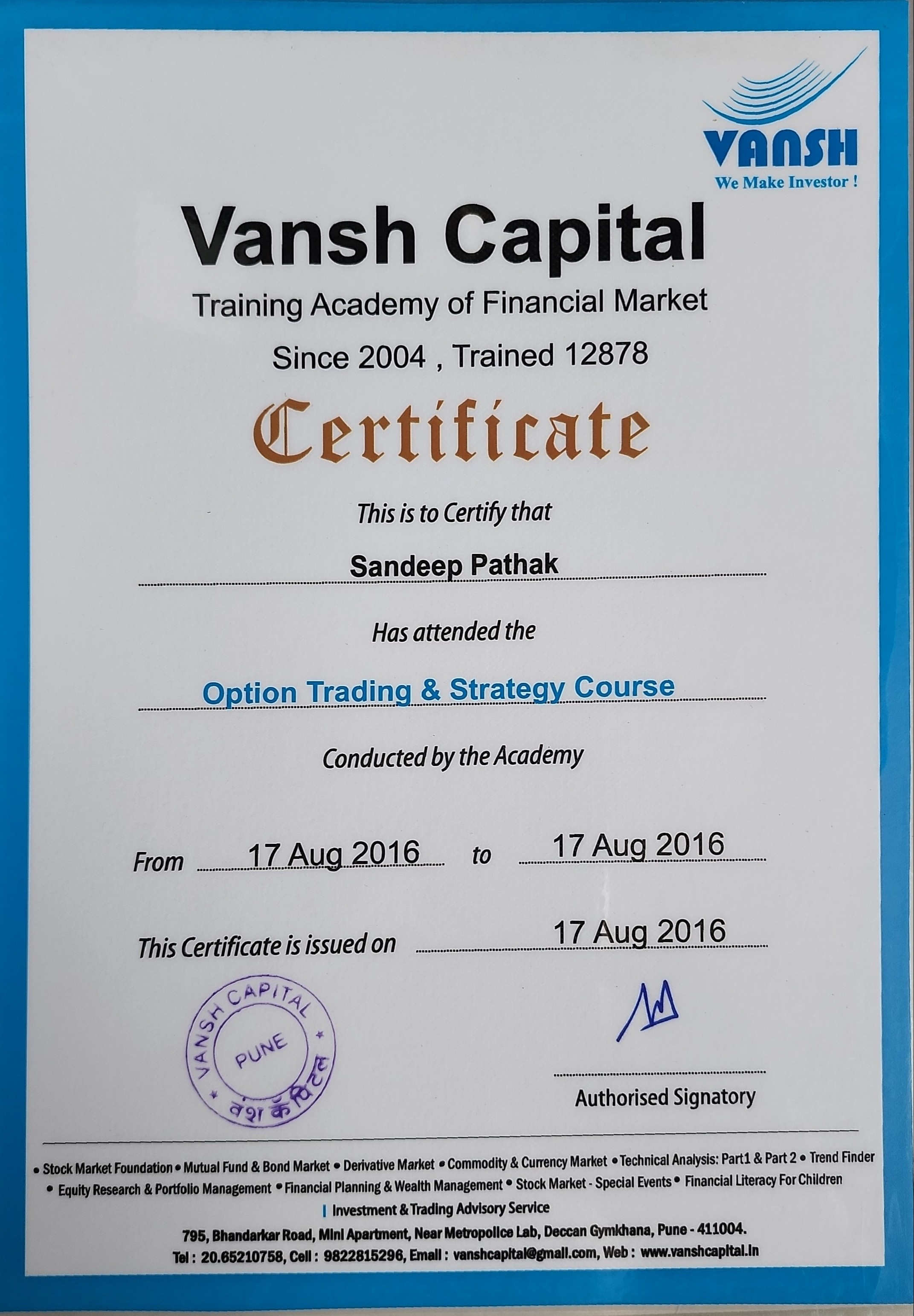 Option Trading & Strategy Course - Vansh Capital 2016